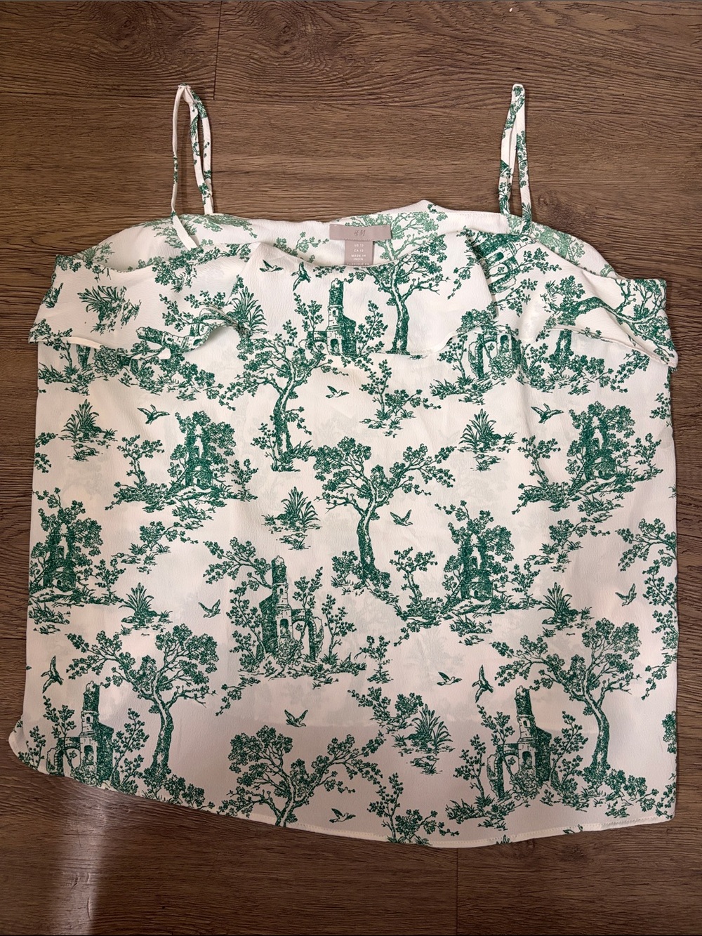 H&M. White Camisole with Green Toile Print and Ruffle Trim